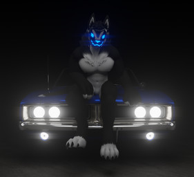 4_eyes anthro belly black_background car grey_body headlight machine male multi_eye simple_background solo vehicle white_belly white_chest niko_goober ghostlyshark_(modeler) dodge_(brand) dodge_charger stellantis_n.v. niko_(niko_goober) canid canine canis mammal papagen protogen wolf 3d_(artwork) blender_(artwork) blender_cycles_(artwork) digital_media_(artwork)
