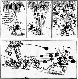 4_fingers ambiguous_gender anthro bottomwear clothed clothing coconut dialogue drupe_(fruit) fingers food footwear fruit gloves group hands_on_own_head handwear open_mouth outside palm_tree pants plant question_mark shoes speech_bubble standing tail text tongue tree walt_disney_(artist) win_smith disney public_domain mickey_mouse haplorhine mammal monkey primate 1930 20th_century absurd_res ancient_art black_and_white comic english_text hi_res monochrome