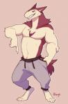 anthro bottomwear clothed clothing male muscular muscular_anthro muscular_male pants simple_background solo topless ahoge_(artist) nintendo pokemon jericho_(ahoge) generation_2_pokemon pokemon_(species) typhlosion