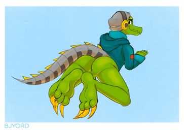 3_toes anthro balls beanie big_feet bottomless butt clothed clothing electronics feet foot_focus genitals hat headgear headphones headwear hoodie looking_at_viewer looking_back male non-mammal_balls presenting presenting_hindquarters prosthetic prosthetic_limb prosthetic_tail solo tail toes topwear bjyord lethal_league latch crocodile crocodilian reptile scalie 2018 hi_res