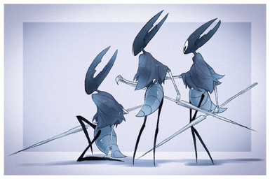 2_horns ambiguous_gender anthro arthropod_abdomen biped black_eyes group holding_melee_weapon holding_object holding_weapon horn melee_weapon standing trio weapon humiha hollow_knight_(franchise) team_cherry mantis_lord_(hollow_knight) arthropod 2019 hi_res female_(lore)