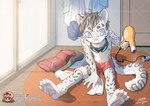 anthro blue_eyes clothed clothing dryer drying drying_fur eyewear fur goggles hair_dryer male solo swimming_goggles swimming_trunks swimwear towel young young_anthro young_male wenyu felid mammal pantherine snow_leopard watermark