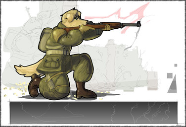 anthro clothing crouching eyewear fighting_pose glasses group male military military_uniform pose ranged_weapon trio uniform weapon wearing_glasses world_war_2 daleks2377 bird_dog canid canine canis domestic_dog golden_retriever hunting_dog mammal retriever absurd_res hi_res