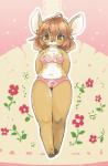 abstract_background ahoge anthro blush bra brown_body brown_eyes brown_fur clothed clothing embarrassed female floral_background floral_pattern floral_pattern_bra floral_pattern_underwear floral_print floral_print_panties floral_print_underwear flower flower_bra flower_panties flower_underwear front-print_panties fur hair hands_behind_back hooves kemono multicolored_body multicolored_fur panties pattern_bra pattern_clothing pattern_topwear pattern_underwear pink_bra pink_clothing pink_panties pink_underwear plant print_clothing print_panties print_underwear red_hair smile solo topwear two_tone_body two_tone_fur underwear underwear_only white_body white_fur wide_hips utsuki_maito deer mammal