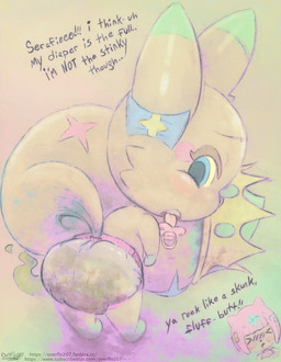 anthro bodily_fluids crown diaper embarrassed female genital_fluids headgear pacifier soiled_diaper solo stinky_diaper text unclean_diaper urine used_diaper wet_diaper young overflo207 final_fantasy square_enix tama_(world_of_final_fantasy) hi_res