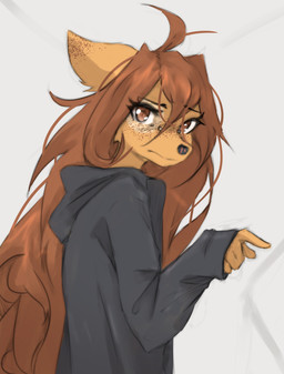5_fingers anthro biped clothed clothed_anthro clothed_female clothing eyelashes female fingers freckled_ears freckled_face freckles fur hair hoodie long_eyelashes simple_background solo speckle_freckles topwear tinygaypirate apogee_(tinygaypirate) canid canine canis domestic_dog mammal 2026 absurd_res digital_drawing_(artwork) digital_media_(artwork) hi_res