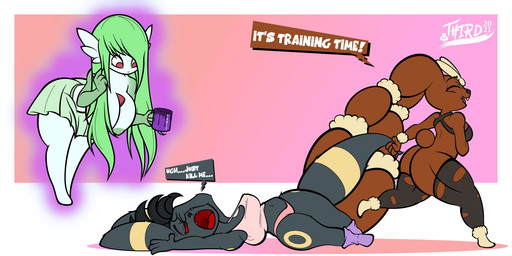 anthro areola big_breasts big_butt big_ears black_body black_clothing black_fur black_hair black_legwear black_nose black_thigh_highs black_topwear bottomless bottomwear breasts brown_body brown_fur butt chest_spike clothed clothing cotton_tail dialogue eyes_closed fangs featureless_feet feet female floating floppy_ears footwear fur green_areola green_body green_bottomwear green_clothing green_hair green_nipples green_skirt group hair head_tuft huge_breasts legwear long_ears long_hair lop_ears markings muscular muscular_thighs navel nipple_outline nipples open_mouth open_smile panties pink_background pink_clothing pink_panties pink_topwear pink_underwear purple_clothing purple_footwear purple_socks rectangular_speech_bubble red_eyes red_sclera simple_background skirt smile socks spikes spikes_(anatomy) tan_body tan_fur teeth text thick_thighs thigh_highs topless topwear torn_thigh_highs trio tuft underwear white_background white_body wide_hips yellow_markings thirdstuff nintendo pokemon eeveelution gardevoir generation_2_pokemon generation_3_pokemon generation_6_pokemon mega_evolution mega_lopunny pokemon_(species) umbreon hi_res