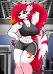 abs anthro arm_tattoo big_breasts bra breasts clothing female fur hair muscular muscular_anthro muscular_female red_eyes red_hair solo sports_bra sportswear tattoo underwear white_body white_fur darkadibuja canid canine canis mammal wolf absurd_res hi_res