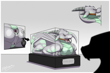 anus bdsm bondage bound buttplug chastity_belt chastity_device claws display_case duo eyes_closed feet feral gag horn male nails on_display paws plug_(sex_toy) public_use ring_gag sex_toy text wings fr0stbit3 mythology dragon mythological_creature mythological_scalie scalie english_text hi_res