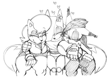 anthro big_breasts blush blush_lines bottomwear breasts clothed clothing eyelashes eyes_closed female front_view fur gloves group group_hug hair handwear happy heart_symbol hotpants hug hugging_another leotard looking_at_another male minishorts one_eye_closed one_eye_half-closed shorts simple_background smile tail thick_thighs topwear trio vest white_background zipper kaizocns archie_comics sega sonic_the_hedgehog_(archie) sonic_the_hedgehog_(comics) sonic_the_hedgehog_(series) nicole_the_lynx sally_acorn canid canine canis chipmunk felid feline fox ground_squirrel lynx mammal rodent sciurid 2025 digital_media_(artwork) hi_res monochrome sketch