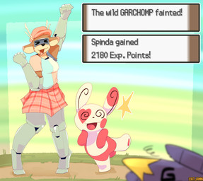 anthro antlers brown_body brown_fur celebration clothed clothing duo female feral fur horn tan_body tan_fur victory catjamn nintendo pokemon deer garchomp generation_3_pokemon generation_4_pokemon mammal pokemon_(species) spinda absurd_res hi_res
