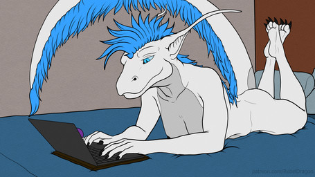 anthro areola areola_slip bed bedroom breasts butt claws computer electronics feet female furniture laptop nude paws peeking_nipple relaxing sex_toy tail rebeldragon101 mythology christa_(rebeldragon101) dragon mythological_creature mythological_scalie scalie 16:9 hi_res widescreen