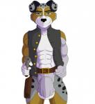 anthro balls belt blue_eyes bottomwear clothing genitals gun handgun holster loincloth looking_at_viewer male muscular muscular_male pistol ranged_weapon revolver smile solo topwear vest wardrobe_malfunction weapon blackbear ellis canid canine canis domestic_dog mammal