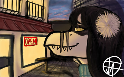 accessory anthro black_body black_hair blue_clothing blue_sweater blue_topwear building clothing cloud evening facial_markings female flower flower_in_hair furniture grey_body hair hair_accessory head_markings logo long_hair looking_at_viewer markings mask_(marking) outside plant side_view sky snaggle_teeth solo striped_markings stripes sweater table text topwear white_body window yellow_eyes joebamna cavemanon_studios i_wani_hug_that_gator lunara_(iwhtg) bambiraptor dinosaur dromaeosaurid prehistoric_species reptile saurischian scalie theropod artist_logo colored english_text headshot_portrait hi_res portrait shaded