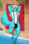 anthro beach big_bulge biped blonde_hair blue_body blue_fur bulge clothing detailed_bulge digitigrade femboy fur green_eyes hair looking_at_viewer lying male male_anthro on_back one-piece_swimsuit one_eye_closed sling_bikini solo swimwear wink winking_at_viewer fuzzytata surfal_hoptokins_(jackhazardous) canid canine fox mammal vulpkanin absurd_res hi_res