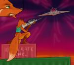 aircraft airplane anthro bottomless clothed clothing female gun jet outside ranged_weapon solo vehicle videogame_setting weapon blackbetty julie_brooks canid canine fox mammal red_fox true_fox 2018 hi_res