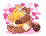 anthro brown_body butt duo eyes_closed heart_symbol hug male male/male sitting slightly_chubby 06junior11 canid canine canis domestic_dog mammal raccoon_dog tanuki 2025 hi_res