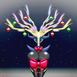 anthro bent_over bow_ribbon breast_squeeze breasts christmas_decorations christmas_ornament female holidays looking_at_viewer ornament solo squeezing chameloshi christmas nintendo pokemon cervine deer generation_6_pokemon legendary_pokemon mammal pokemon_(species) xerneas xerneas_(active_mode) 1:1 hi_res