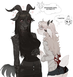 5_fingers anthro biped black_body black_eyes black_fur black_hair black_horn blush bottomwear breasts butt clothed clothed_anthro clothed_female clothing digit_ring duo female finger_ring fingernails fingers front_view fully_clothed fully_clothed_anthro fully_clothed_female fur hair horn jewelry looking_at_another looking_down nails nipple_outline pants rear_view simple_background standing tail text thinking thought_bubble topwear white_background white_body white_fur white_hair white_tail raccoattack bovid caprine goat mammal 2025 digital_drawing_(artwork) digital_media_(artwork) english_text hi_res