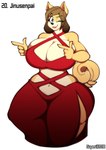 anthro big_breasts blue_eyes breasts brown_hair cleavage clothed clothing curvy_figure dress eyelashes female finger_gun fingers fur gesture hair hand_gesture hourglass_figure huge_breasts inner_ear_fluff lips looking_at_viewer mature_anthro mature_female multicolored_body multicolored_fur navel one_eye_closed short_hair simple_background smile solo standing tan_body tan_fur teeth thick_thighs tuft two_tone_body two_tone_fur voluptuous white_background wide_hips wink winking_at_viewer superix june_(jinu) canid canine canis domestic_dog mammal shiba_inu spitz 2018 absurd_res artist_name digital_media_(artwork) hi_res