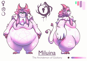 anthro belly belly_overhang big_belly big_breasts breasts color_swatch female female_anthro female_symbol forked_tail front_view fur gender_symbol hair mane naturally_censored nude nude_anthro nude_female obese obese_anthro obese_female occult_symbol orthographic overweight overweight_anthro overweight_female pentagram purple_hair side_view solo symbol tail tail_tuft text tuft unusual_anatomy unusual_tail white_mane wide_hipped_anthro wide_hipped_female wide_hips miluinaoxie miluina_(miluinaoxie) demon 2020 character_name colored digital_media_(artwork) digital_painting_(artwork) full-length_portrait hi_res model_sheet painting_(artwork) portrait