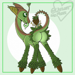 ambiguous_gender bodily_fluids bubble_butt butt feral green_body green_tongue head_sprout hooves leaf leaf_ruff leaves_on_body long_neck long_tongue looking_at_viewer null pinecone plant plant_tail pollen presenting presenting_hindquarters quadruped saliva saliva_string simple_background smile solo tail_anus tapering_tongue tongue unguligrade littlestfuzz alien elemental_creature flora_fauna 1:1 2026 digital_drawing_(artwork) digital_media_(artwork) full-length_portrait hi_res portrait