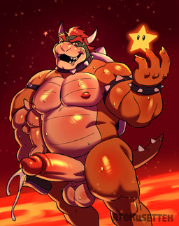 anthro anthro_on_anthro anus areola armband backsack ball_size_difference balls barazoku belly biceps big_balls big_muscles big_penis blush bodily_fluids bracelet butt carrying_another claws collar cum cum_drip deltoids dripping duo ejaculation erection eyebrows genital_fluids genitals glans hair horn huge_balls huge_muscles huge_penis humanoid_genitalia humanoid_penis jewelry lava looking_at_viewer love_handles male male/male musclegut muscular muscular_anthro muscular_male nipples non-mammal_balls non-mammal_nipples nude one_eye_closed open_mouth open_smile pecs penis perineum red_background shell simple_background size_difference smile solo_focus spiked_armband spiked_bracelet spiked_collar spiked_shell spiked_tail spikes spikes_(anatomy) standing star sweat tail teeth text thick_arms thick_penis thick_thighs wet wet_body wink ryokusetteh bowser_day mario_bros nintendo bowser dragon_koopa koopa scalie 2025 absurd_res artist_name hi_res