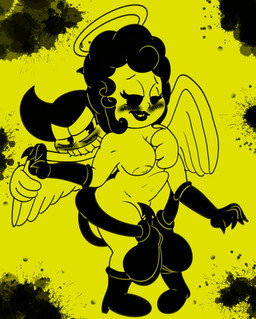 abdominal_bulge bite biting_wing blush breast_grab breasts clothing covering covering_crotch covering_vulva duo feathered_wings feathers female gloves halo hand_on_breast handwear ink ink_splatter leg_wrap male male/female nipples overstimulation size_difference spade_tail tail wings crazy_8_animations bendy_and_the_dark_revival bendy_and_the_ink_machine alice_angel bendy_the_dancing_demon angel demon humanoid monochrome sepia