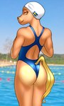 anthro clothing femboy lipstick looking_at_viewer looking_back looking_back_at_viewer makeup male one-piece_swimsuit orange_body pink_lipstick poolside rear_view solo standing swedish_flag swimming_cap swimwear tail wedgie yellow_eyes yellow_tail buffbumblebee chrissy_(buffbumblebee) equid equine horse mammal 2024 hi_res