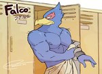 abs anthro beak blue_body blue_eyes clothing locker locker_room male muscular muscular_anthro muscular_male nipples pecs solo undressing yellow_beak crimenes nintendo star_fox falco_lombardi avian bird falconid