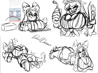 anthro beverage big_breasts breasts cleavage clothed clothing container cup duo eyelashes eyewear eyewear_on_head fangs female gloves goggles goggles_on_head hair handwear holding_object holding_tool huge_breasts larger_female long_hair lying on_front pokemon_move sharp_teeth size_difference sleeping smile solo sound_effects teeth thick_thighs tools vowelless vowelless_sound_effect zzz deaddrawx hands-free_bubble_tea nintendo pokemon sammie_(deaddrawx) generation_9_pokemon pokemon_(species) tinkaton hi_res meme monochrome multiple_scenes sketch