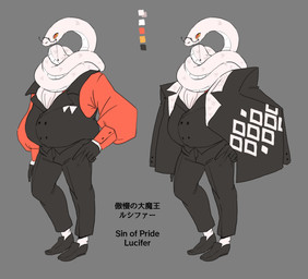 abdominal_bulge bottomwear clothed clothing footwear for_a_head loafers male markings overweight palette pants scale_markings scales shoes slacks solo suit suit_jacket topwear vest watermystic277 animal_head animal_humanoid demon humanoid object_head reptile reptile_humanoid scalie scalie_humanoid snake_humanoid hi_res model_sheet