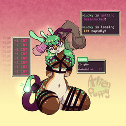 ambiguous_gender andromorph animal_genitalia animal_penis anthro bdsm bodily_fluids bondage bound cum cum_in_eye cum_in_mouth cum_inside disembodied_penis ear_penetration equine_genitalia equine_penis femboy gameplay_mechanics genital_fluids genitals intelligence_loss intersex male male/male penetration penis restraints rope rope_bondage rope_harness solo aliendogfreak lucky_(aliendogfreak) alien canid canine mammal