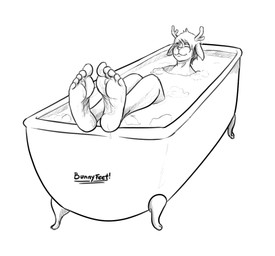 5_toes bath bathtub claw_foot_bathtub eyes_closed feet foot_focus humanoid_feet male plantigrade relaxing simple_background smile soles toes wet white_background bunnyfeet monochrome signature