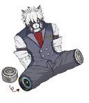 amputee anthro ascot belt clothed clothing disability formal_clothing fur harness leather leather_harness legless looking_down male missing_leg solo spread_legs spreading topwear vest white_body white_fur neko_dakarane mihoyo zenless_zone_zero von_lycaon canid canine canis mammal wolf