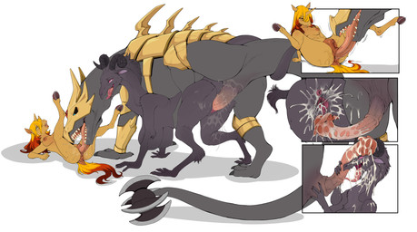anal animal_genitalia animal_penis animal_vulva anthro anus black_body black_scales bodily_fluids breasts cum cum_in_vagina cum_inside cum_on_face cunnilingus curved_horn deep_cunnilingus entwined_tails equine_genitalia equine_penis equine_vulva female feral flared_penis genital_fluids genitals group hair hand_on_penis hooves horn male male/female male_feral mask oral penetration penile penile_penetration penis penis_in_vagina rimming scales sex sharp_teeth snout tail tail_coil teeth tongue_penetration trio vaginal vaginal_penetration vulva shebeast mythology dragon equid equine mammal mythological_creature mythological_equine mythological_scalie scalie unicorn absurd_res hi_res