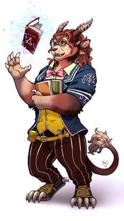 4_ears 4_toes 5_fingers anthro barazoku belt_buckle blue_clothing book bottomwear bow_tie brown_body brown_fur brown_nose buckle classy claws clothing eyewear feet fingers footwear fur glasses green_eyes holding_object horn jacket levitating_object magic magic_user male multi_ear multicolored_body multicolored_fur open_mouth open_smile pants pinstripe_pants shirt shoes smile solo standing teeth toes topwear vest vial yellow_clothing noviraine guild_wars charr felid mammal 2021 digital_media_(artwork)