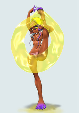 big_breasts breasts clothed clothing convenient_censorship female humanoid_pointy_ears looking_at_viewer not_furry one_leg_up panties pointy_ears pseudo_hair raised_leg smile snaggle_tooth solo tentacle_hair tentacles topless underwear koharuno2 nintendo splatoon frye_(splatoon) aquatic cephalopod humanoid inkling mollusk hi_res