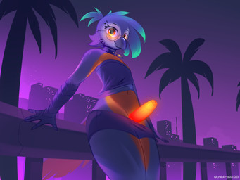 anthro bioluminescence city city_background cityscape clothed clothing collar crossdressing_male exhibitionism eyewear facial_markings feathers femboy feminine foreskin genitals glasses glowing head_markings male markings name_tag off-shoulder_top off_shoulder palm_tree penis plant presenting presenting_penis public public_exposure pulled_down pulled_down_shorts round_glasses smile solo tail tail_feathers tree chickhawk96 mitchell_(meatyr) ara_(genus) avian bird blue-and-yellow_macaw macaw neotropical_parrot parrot true_parrot 4:3 absurd_res hi_res