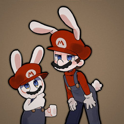 5_fingers anthro arms_bent black_facial_hair black_mustache blue_clothing blue_eyes blue_overalls blush brown_hair clothed clothed_anthro clothed_humanoid clothed_male clothing duo facial_hair fingers fist fully_clothed fully_clothed_humanoid fully_clothed_male fur gloves grey_background hair hands_on_legs hands_on_own_legs hands_on_own_thighs hands_on_thighs handwear hat headgear headwear humanoidized larger_humanoid larger_male lidded_eyes light long_ears looking_up male male_anthro mitten_hands multicolored_body mustache noseless overalls pawpads red_clothing red_hat red_headwear red_shirt red_topwear scut_tail shirt shirtless_anthro shirtless_male short_hair short_tail simple_background size_difference smaller_anthro smaller_male standing straight_legs tail tan_body tan_inner_ear tan_skin thinking topwear two_tone_body unenthusiastic white_body white_clothing white_fur white_gloves white_handwear white_tail renballball mario_bros mario_plus_rabbids_kingdom_battle nintendo raving_rabbids rayman_(series) ubisoft mario rabbid_mario animal_humanoid humanoid lagomorph lagomorph_humanoid leporid_humanoid mammal mammal_humanoid rabbid rabbit_humanoid 1:1 2023 colored crossover digital_drawing_(artwork) digital_media_(artwork) lighting shaded