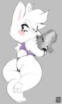 anthro big_butt butt clothing female gun huge_butt huge_thighs looking_back onesie pawpads ranged_weapon rear_view scut_tail serious short_stack short_tail solo tail thick_thighs weapon xylas candy_mcgee lagomorph mammal 2018 3:5 signature