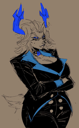 2_horns angry anthro antlers arms_bent big_breasts biped black_blazer black_clothing black_collar black_topwear blazer blue_antlers blue_eyeshadow blue_horn blue_lips blue_lipstick breasts brown_background button_(fastener) cleavage closed_frown clothed clothed_anthro clothed_female clothing collar crossed_arms curved_eyebrows curved_horn eyebrows eyelashes eyeshadow female frown fully_clothed fully_clothed_anthro fully_clothed_female glistening glistening_eyelids glistening_lips hair half-closed_eyes horn legs_together lips lipstick long_eyelashes looking_at_viewer makeup mature_anthro mature_female medium_hair mouth_closed narrowed_eyes simple_background snout solo standing studded_collar studs tail tear_trough thick_eyelashes thick_thighs three-quarter_view topwear wide_hips katztonight deltarune undertale_(series) carol_holiday deer mammal new_world_deer reindeer 2025 digital_drawing_(artwork) digital_media_(artwork) hi_res portrait restricted_palette three-quarter_portrait