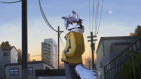 ambiguous_gender anthro blue_body blue_eyes blue_fur blue_hair blue_sclera bottomwear building city city_background clothed clothing coat day detailed_background fence fluffy fluffy_tail fur hair hand_in_pocket heterochromia looking_back modern_architecture multicolored_body multicolored_fur multicolored_hair orange_eyes outside pants plant pockets power_lines sky skyscraper solo tail text topwear tree two_tone_body two_tone_fur two_tone_hair urban utility_pole yellow_sclera ruddi sky_(quetzrow) canid canine mammal 16:9 2025 artist_name hi_res signature widescreen