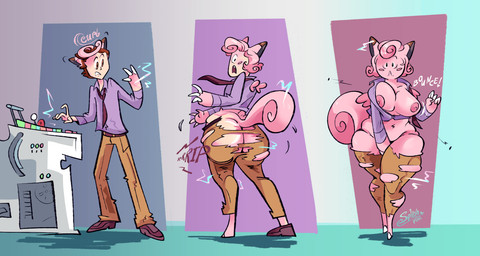 accessory anthro barefoot big_breasts blush bottomwear breast_growth breasts butt butt_expansion clothing curvy_figure expansion feet female footwear fur gender_transformation growth hair human_to_anthro looking_at_viewer looking_back machine male mtf_transformation navel necktie nipples pants pink_body pink_fur pink_hair shirt shoes simple_background slightly_chubby solo species_transformation standing surprised tail tail_growth topwear torn_clothing transformation voluptuous weight_gain splashpinups nintendo pokemon bill_(pokemon) clefairy generation_1_pokemon human mammal pokemon_(species) 2024 digital_media_(artwork) hi_res sequence
