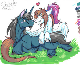 blush boop duo feathers female feral fluffy fur grass happy horn love male plant smile wings sunny_way hasbro my_little_pony mythology steven_saidon equid equine mammal mythological_creature mythological_equine pegasus unicorn hi_res sketch traditional_media_(artwork)