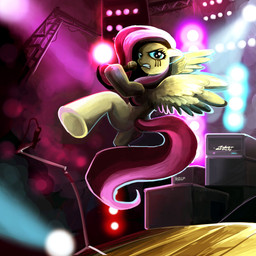 alternative_fashion angry blue_eyes clenched_teeth detailed_background electronics feathered_wings feathers female fur goth hair jumping lights looking_at_viewer makeup metal microphone multicolored_hair singing smoke solo stage teeth two_tone_hair wings yellow_body yellow_feathers yellow_fur jokerpony friendship_is_magic hasbro my_little_pony mythology fluttershy_(mlp) equid equine mammal mythological_creature mythological_equine pegasus 1:1 hi_res