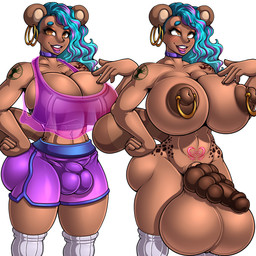 arm_tattoo balls balls_expansion balls_outline big_balls big_breasts big_nipples big_penis blue_hair blush bottomwear breasts brown_body brown_eyes brown_nipples brown_skin bulge clothing collar detailed_bulge ear_piercing ear_ring expansion footwear genital_expansion genital_outline genitals gynomorph hair highlights_(coloring) hoop_ear_ring huge_balls huge_breasts hyper hyper_balls hyper_genitalia intersex knot legwear lipstick long_hair looking_at_viewer makeup multi_knot multicolored_hair nipple_piercing nipples penis piercing purple_bottomwear purple_clothing purple_collar purple_highlights purple_lipstick purple_shorts ring_piercing shorts shoulder_tattoo simple_background socks solo standing tail tattoo thigh_highs thigh_socks two_tone_hair unusual_anatomy unusual_genitalia unusual_penis white_background white_clothing white_footwear white_legwear white_socks white_thigh_highs white_thigh_socks wide_hips womb_tattoo adjatha trials_in_tainted_space catalina_(tits) canid canine humanoid hybrid kui-tan mammal raccoon_dog tanuki 2026 hi_res story story_in_description
