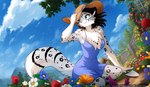 5_fingers anthro arm_tuft black_hair black_stripes blue_clothing blue_dress blue_eyes bottomwear breasts chest_tuft clothed clothed_anthro clothed_female clothing cloud day detailed_background dress dutch_angle elbow_tuft female fingers flower front_view fully_clothed fully_clothed_anthro fully_clothed_female fur garden grey_body grey_fur hair hand_on_hat hat headgear headwear holding_clothing holding_hat holding_headgear holding_headwear holding_object kneeling looking_back markings outside plant sky smile solo spots spotted_body spotted_fur spotted_markings spotted_tail striped_markings striped_tail stripes sun_hat sundress tail tail_markings text topwear tuft conditional_dnp tom_fischbach twokinds adira_riftwall felid keidran mammal pantherine snow_leopard 2025 absurd_res digital_media_(artwork) hi_res url
