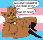 3_eyes anthro bell bell_collar collar dialogue female flabby lgbt_pride moobs multi_eye nude overweight pride_color_background pride_colors simple_background solo speech_bubble talking_to_viewer text transgender_pride_colors faysethecat domestic_cat felid feline felis mammal english_text hi_res trans_(lore)