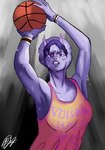 anthro athletic athletic_anthro athletic_female ball basketball basketball_(ball) big_breasts biped bodily_fluids breasts clenched_teeth clothed clothed_anthro clothed_female clothing facial_horn female fingers front_view gradient_background hair holding_object horn humanoid_hands non-mammal_breasts pose purple_body purple_eyes purple_hair purple_scales scales shadow shirt short_hair simple_background solo sport sweat sweatdrop tank_top teeth topwear wristband xavijvaart goodbye_volcano_high trish_(gvh) ceratopsian dinosaur ornithischian prehistoric_species reptile scalie triceratops 2024 half-length_portrait hi_res portrait shaded signature